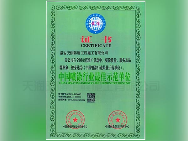 中国喷涂行业最佳示范单位证书